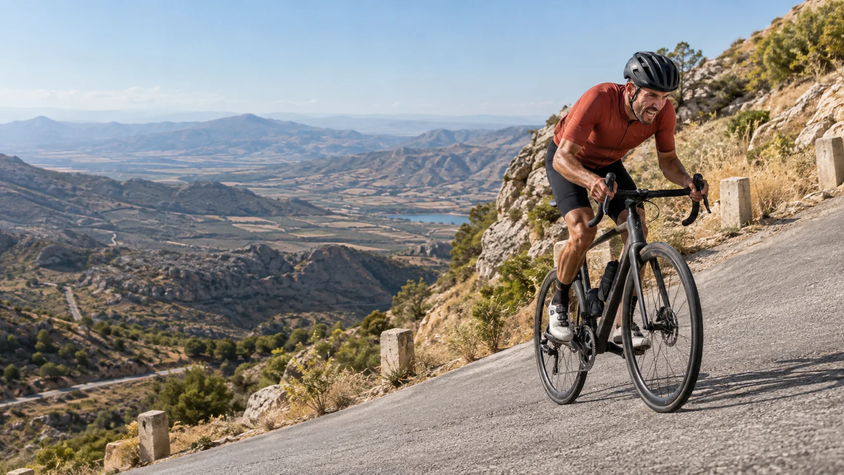 Ciclista esforzándose al pedalear por una carretera de montaña muy empinada